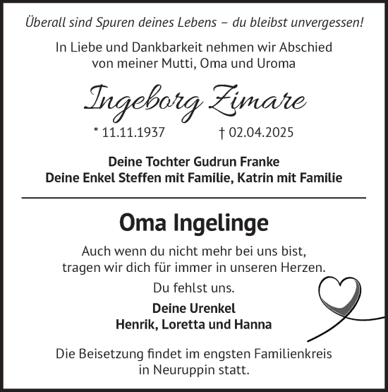 Traueranzeige von Ingeborg  Zimare von Märkische Oderzeitung