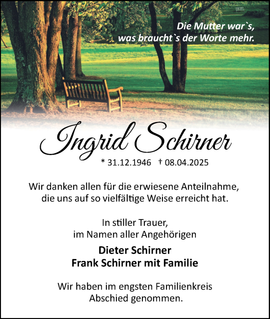 Traueranzeige von Ingrid Schirner Schirner von Märkische Oderzeitung