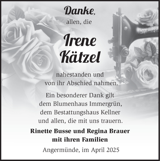 Traueranzeige von Irene Kätzel von Märkische Oderzeitung
