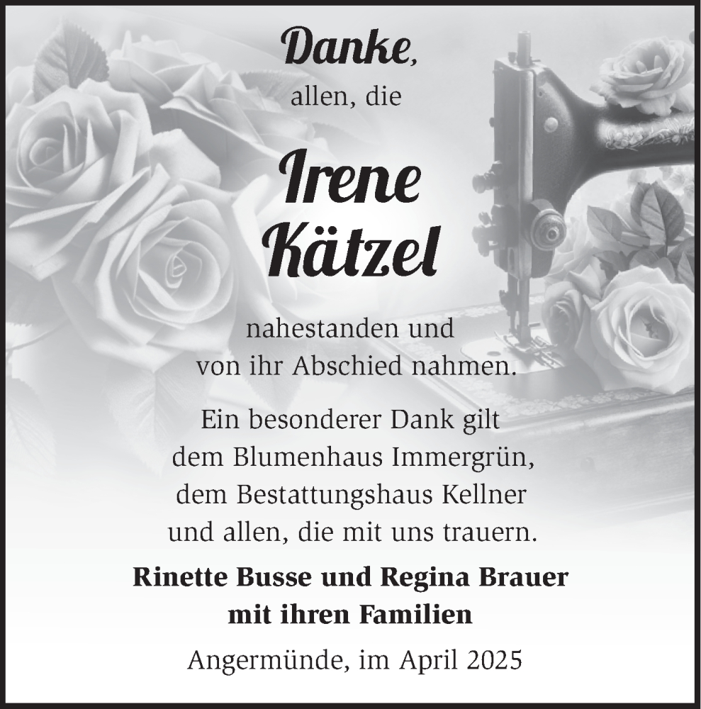  Traueranzeige für Irene Kätzel vom 20.05.2025 aus Märkische Oderzeitung