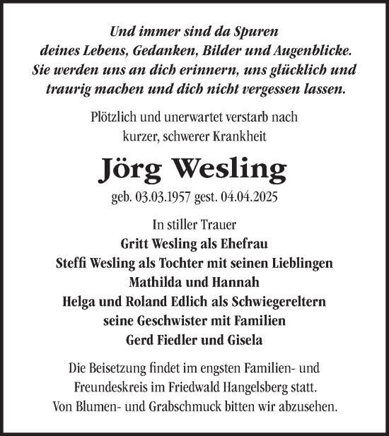 Traueranzeige von  Jörg Wesling von Märkische Oderzeitung