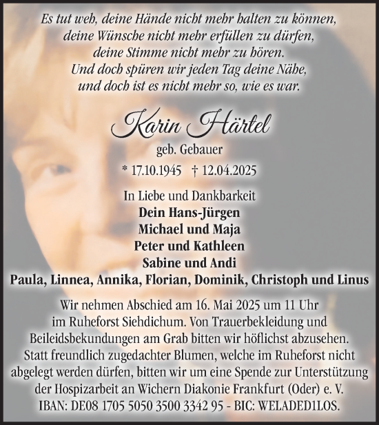 Traueranzeige von Karin Härtel von Märkische Oderzeitung