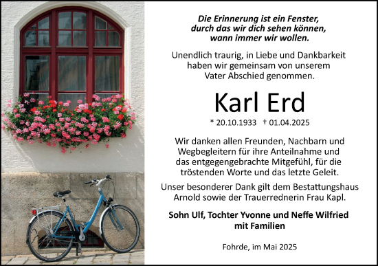 Traueranzeige von  Karl Erd  von Märkische Oderzeitung
