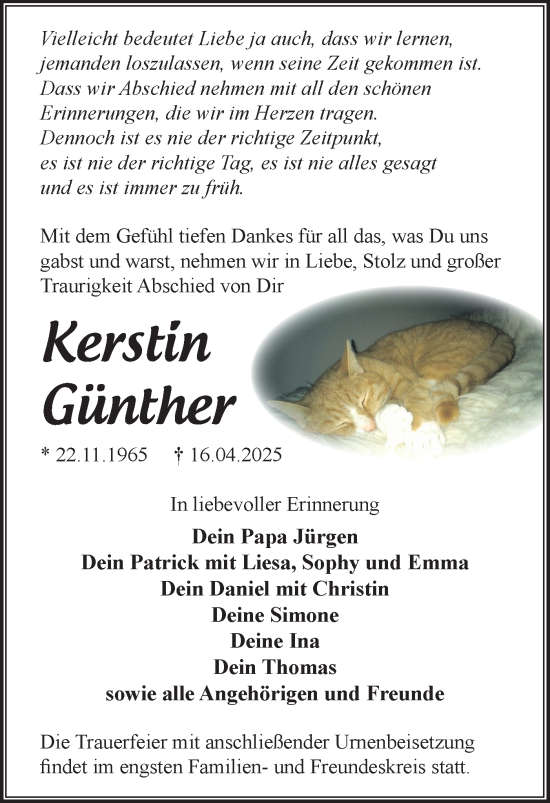 Traueranzeige von Kerstin Günther von Märkische Oderzeitung