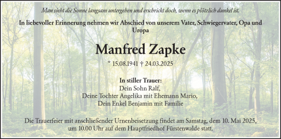 Traueranzeige von Manfred Zapke von Märkische Oderzeitung