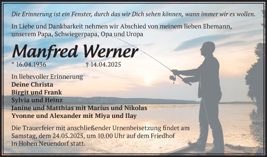 Traueranzeige von Manfred Werner  von Märkische Oderzeitung