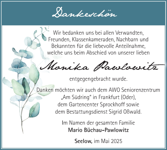 Traueranzeige von Monika Pawlowitz von Märkische Oderzeitung