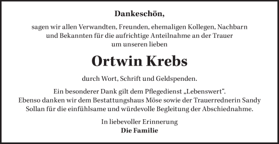 Traueranzeige von Ortwin Krebs von Märkische Oderzeitung