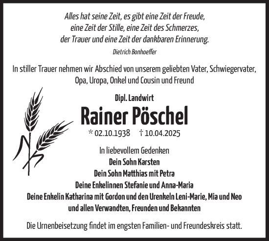 Traueranzeige von Rainer Pöschel von Märkische Oderzeitung