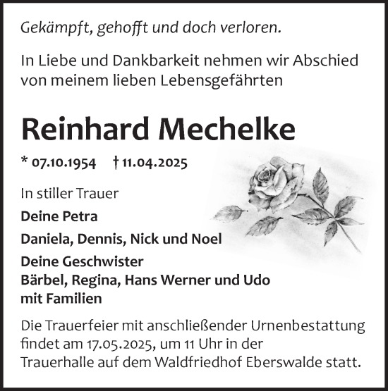 Traueranzeige von Reinhard Mechelke von Märkische Oderzeitung