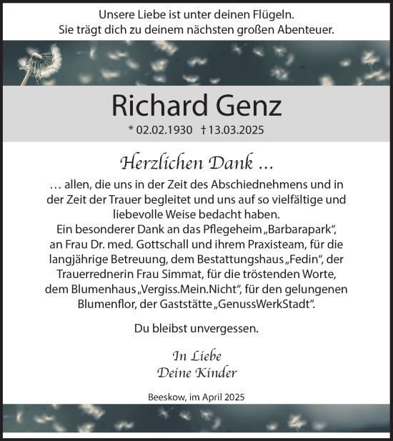Traueranzeige von  Richard Genz  von Märkische Oderzeitung