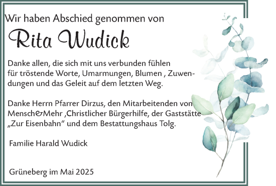 Traueranzeige von Rita Wudick von Märkische Oderzeitung