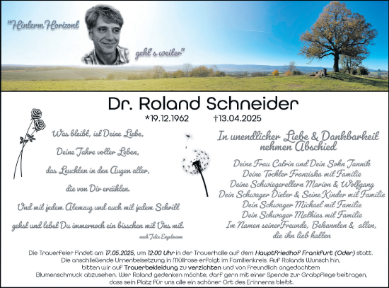 Traueranzeige von Roland Schneider von Märkische Oderzeitung