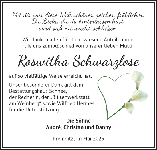 Traueranzeige von Roswitha Schwarzlose von Märkische Oderzeitung