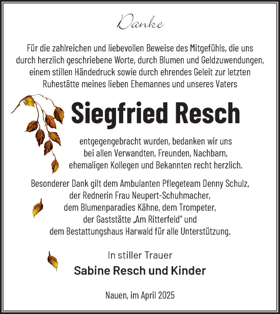Traueranzeige von Siegfried Resch von Märkische Oderzeitung