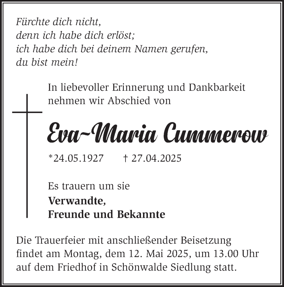  Traueranzeige für TO Eva-Maria Cummerow  vom 10.05.2025 aus Märkische Oderzeitung