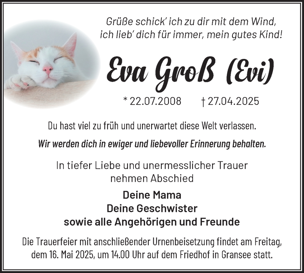  Traueranzeige für TO Eva GroÃY  vom 10.05.2025 aus Märkische Oderzeitung