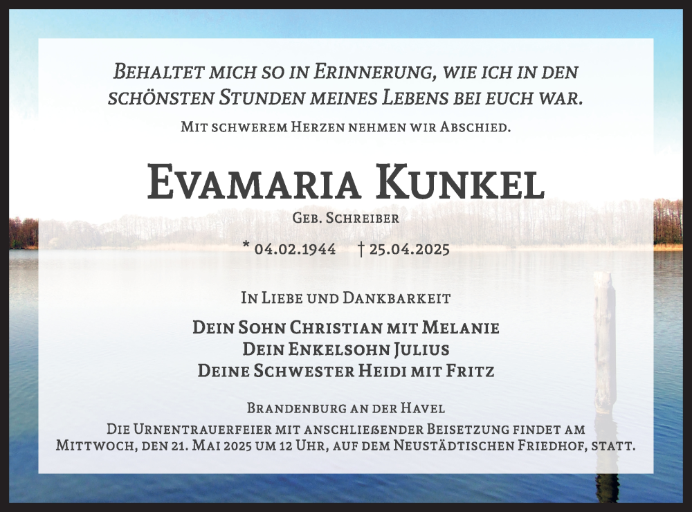  Traueranzeige für TO Evamaria Kunkel  vom 10.05.2025 aus Märkische Oderzeitung