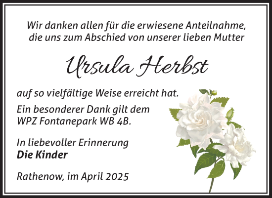 Traueranzeige von Ursula Herbst von Märkische Oderzeitung