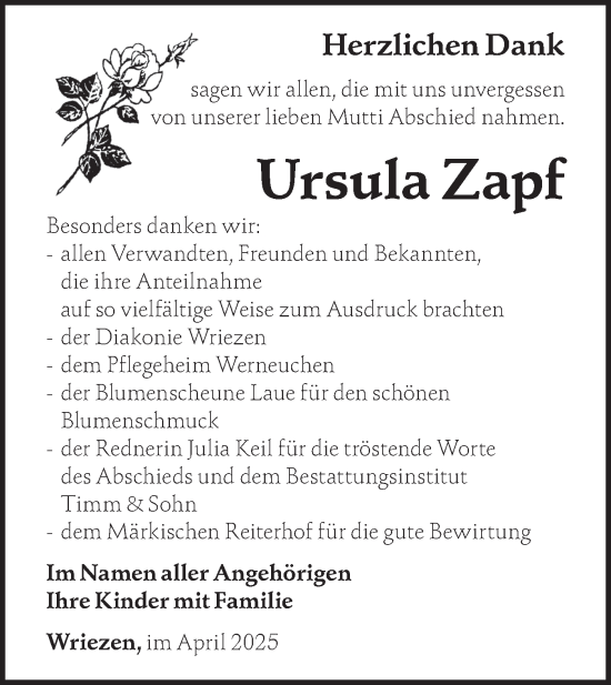Traueranzeige von Ursula Zapf von Märkische Oderzeitung