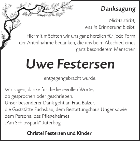 Traueranzeige von Uwe Festersen von Märkische Oderzeitung