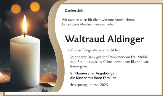 Traueranzeige von Waltraud Aldinger von Märkische Oderzeitung