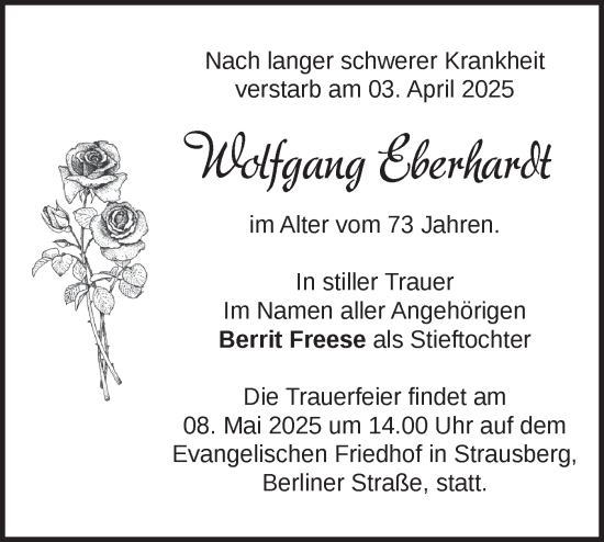 Traueranzeige von Wolfgang Eberhardt von Märkische Oderzeitung