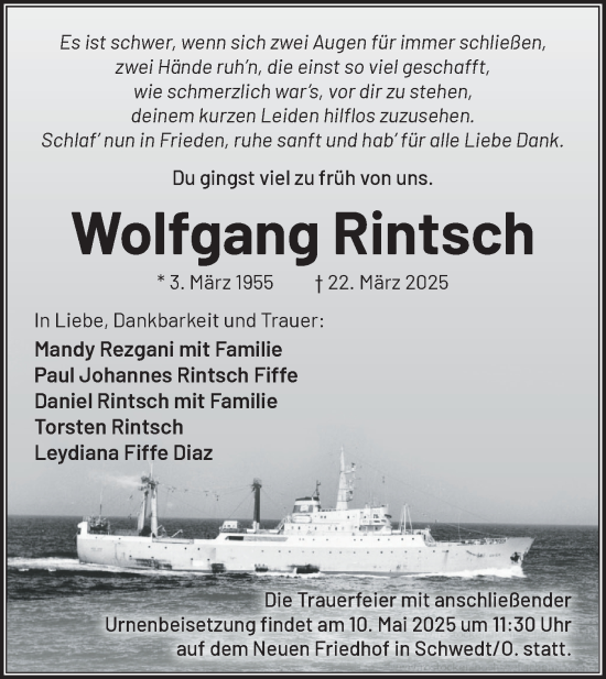 Traueranzeige von Wolfgang Rintsch von Märkische Oderzeitung