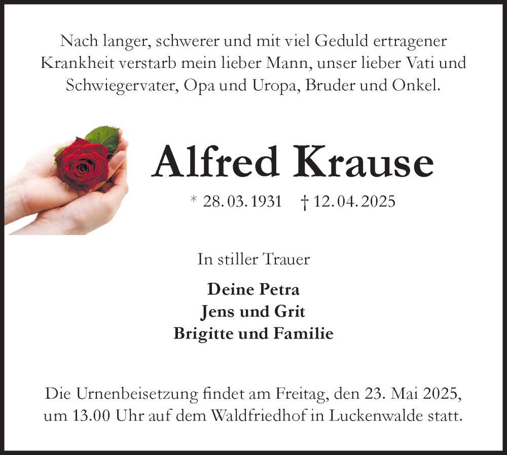  Traueranzeige für Alfred Krause vom 17.05.2025 aus Märkische Oderzeitung