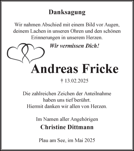 Traueranzeige von Andreas Fricke von Märkische Oderzeitung