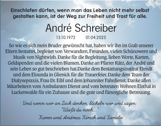 Traueranzeige von André Schreiber von Märkische Oderzeitung