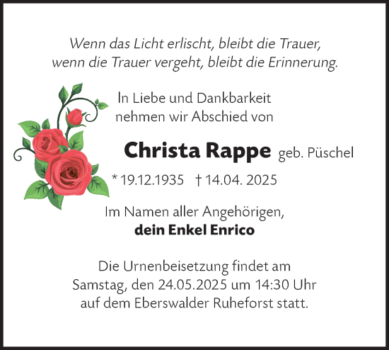 Traueranzeige von Christa Rappe von Märkische Oderzeitung