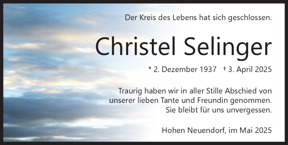  Traueranzeige für Christel Selinger vom 17.05.2025 aus Märkische Oderzeitung