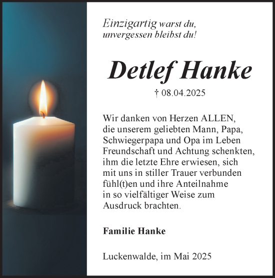 Traueranzeige von Detlef Hanke von Märkische Oderzeitung