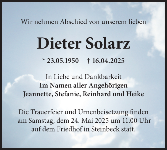 Traueranzeige von Dieter Solarz von Märkische Oderzeitung
