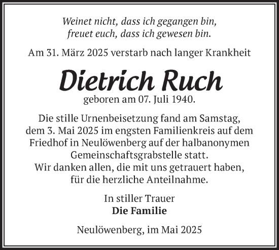 Traueranzeige von Dietrich Ruch von Märkische Oderzeitung