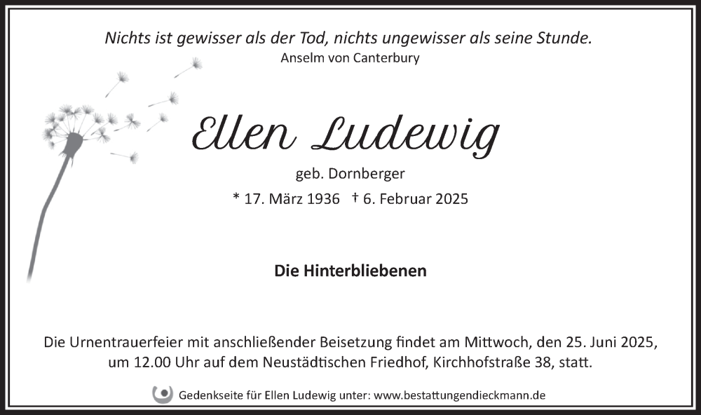  Traueranzeige für Ellen Ludewig vom 14.06.2025 aus Märkische Oderzeitung