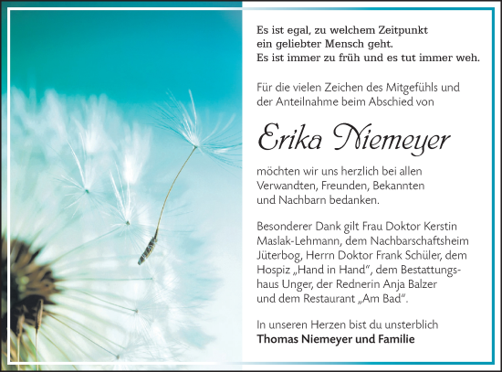 Traueranzeige von Erika Niemeyer von Märkische Oderzeitung
