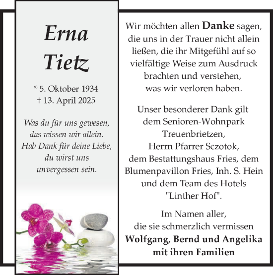 Traueranzeige von Erna Tielz von Märkische Oderzeitung