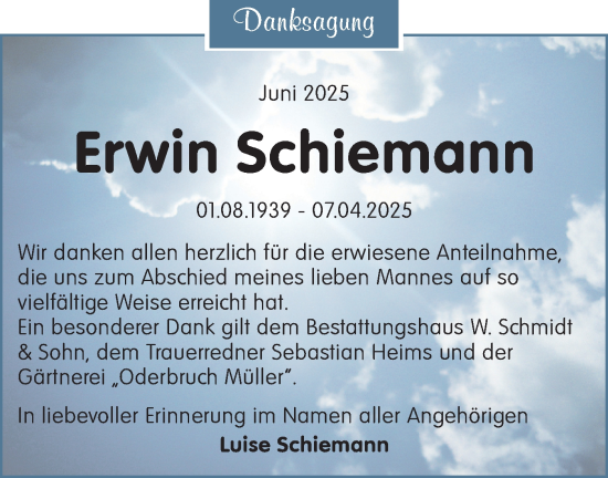 Traueranzeige von Erwin Schiemann von Märkische Oderzeitung