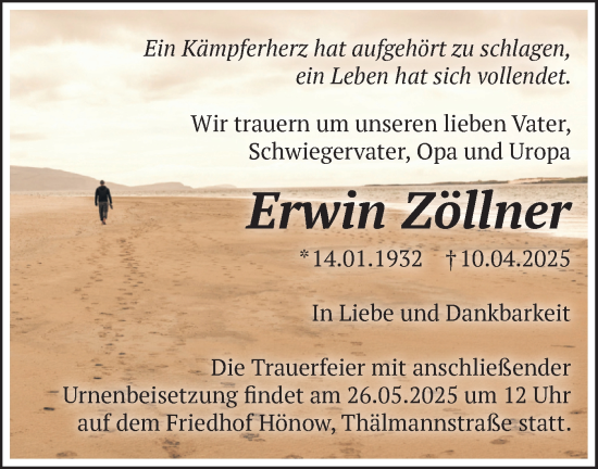 Traueranzeige von Erwin Zöllner von Märkische Oderzeitung