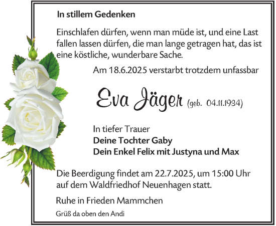 Traueranzeige von Eva Jäger von Märkische Oderzeitung