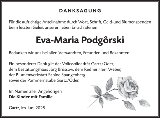 Traueranzeige von Eva-Maria Podgörski von Märkische Oderzeitung
