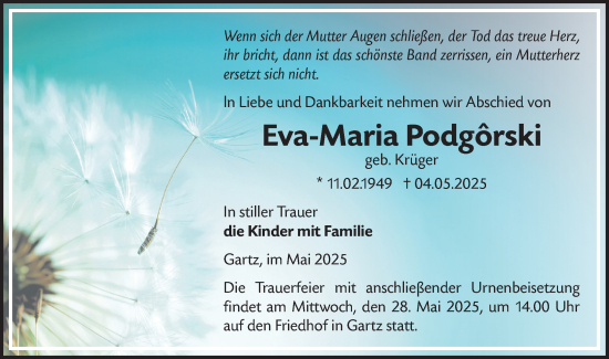 Traueranzeige von Eva-Maria Podgörski von Märkische Oderzeitung