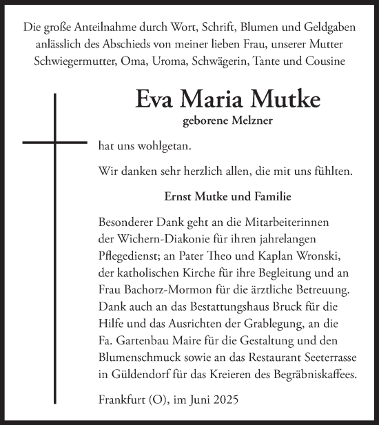 Traueranzeige von Eva Maria Mutke von Märkische Oderzeitung