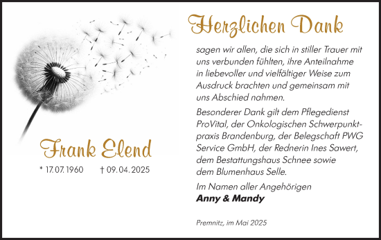 Traueranzeige von Frank Elend von Märkische Oderzeitung