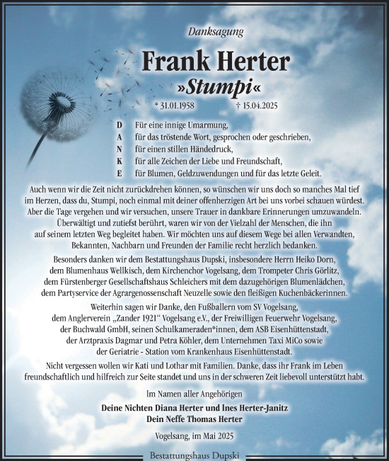 Traueranzeige von Frank Herter von Märkische Oderzeitung