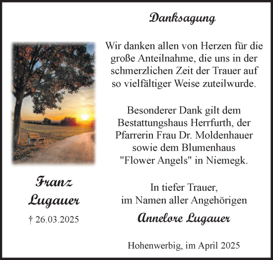 Traueranzeige von Franz Lugauer von Märkische Oderzeitung