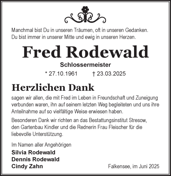 Traueranzeige von Fred Rodewald von Märkische Oderzeitung