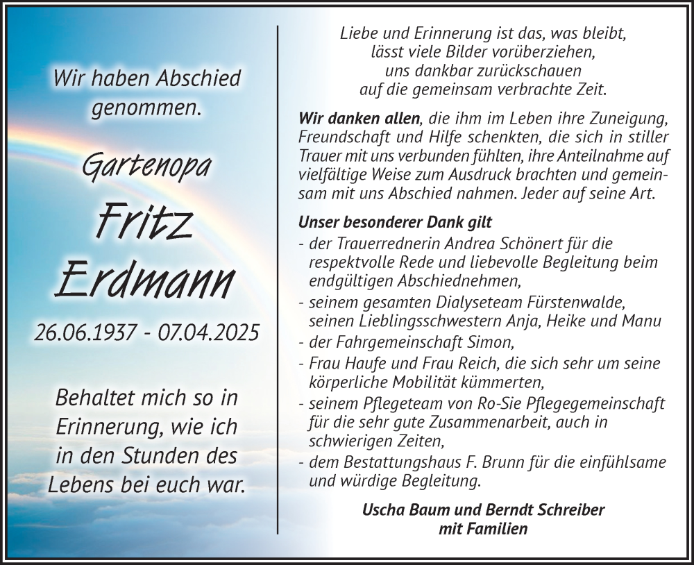  Traueranzeige für Fritz Erdmann vom 07.06.2025 aus Märkische Oderzeitung